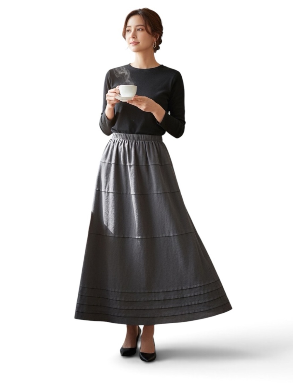Micro Suede Plisse Maxi Skirt Tiered Seamed Drop Pull-On Women’s Size Small
